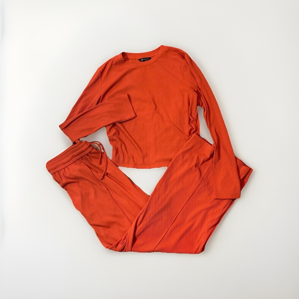 Ribbed Loungewear Set Travel 2 Pcs Set Tops+Pants Orange Womens XL Wide Leg